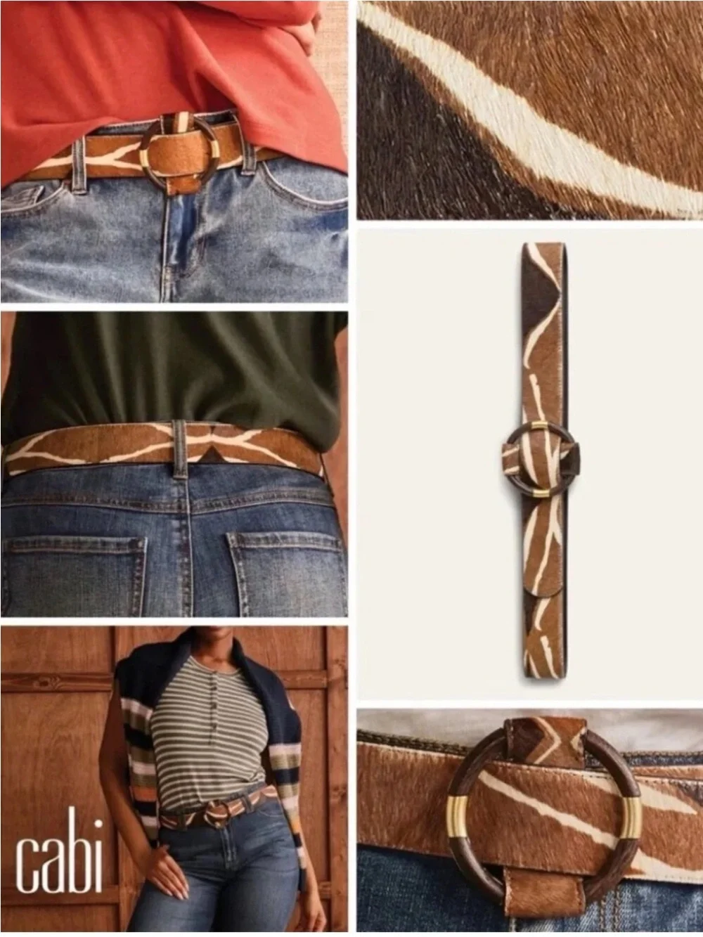 Cabi Brown Zebra Print Leather Belt with Round Buckle